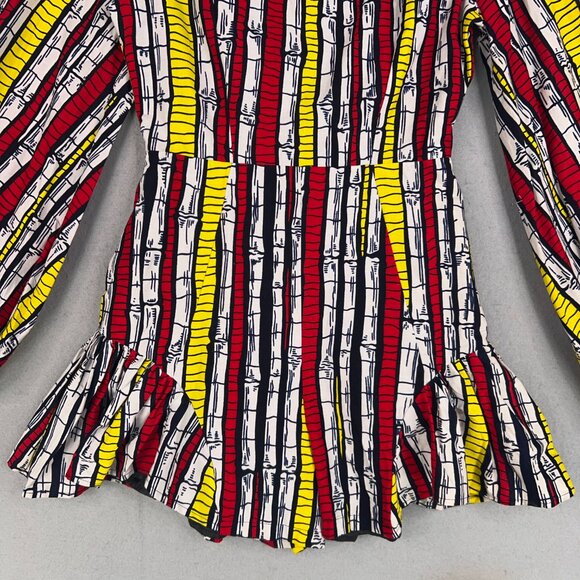 Ofuure Romper Womens Small Red Yellow African Print Ruffle Shorts Tie Sleeves - Picture 3 of 15
